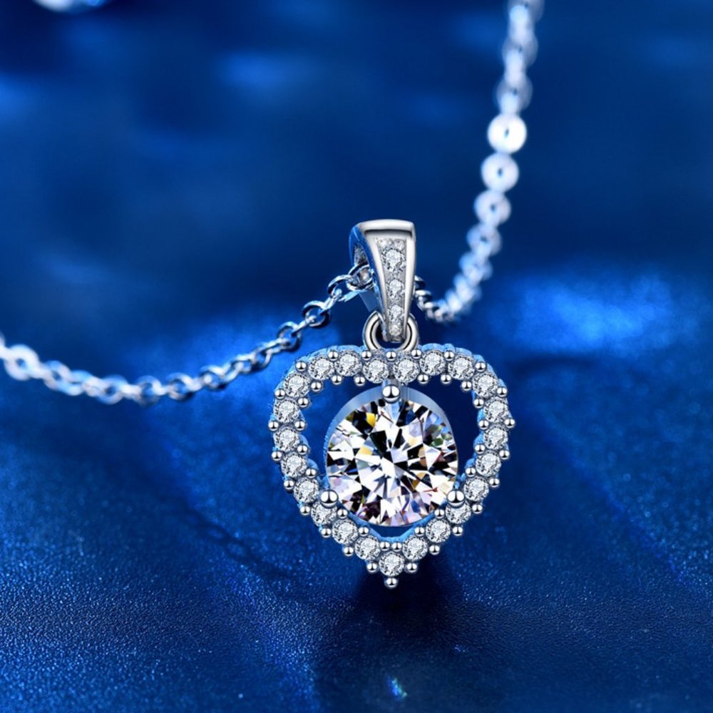Certified 1ct. t.w. Moissanite Diamond Heart Halo Pendant Necklace NEW